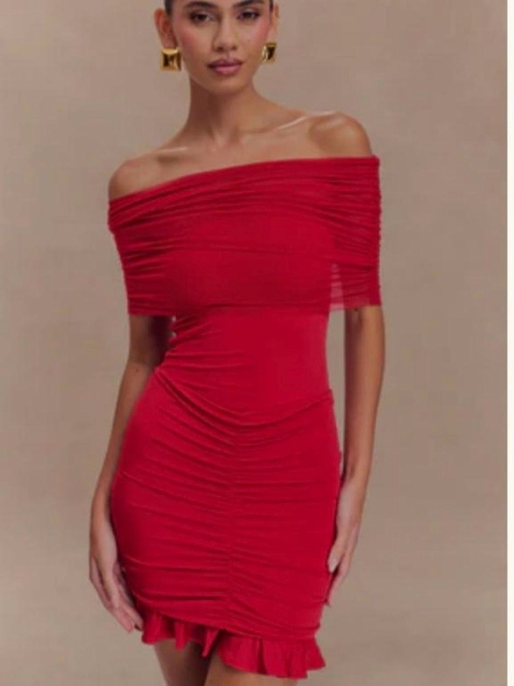 Meshki Red Off-Shoulder Ruched Midi Dress - Picture 4 of 4